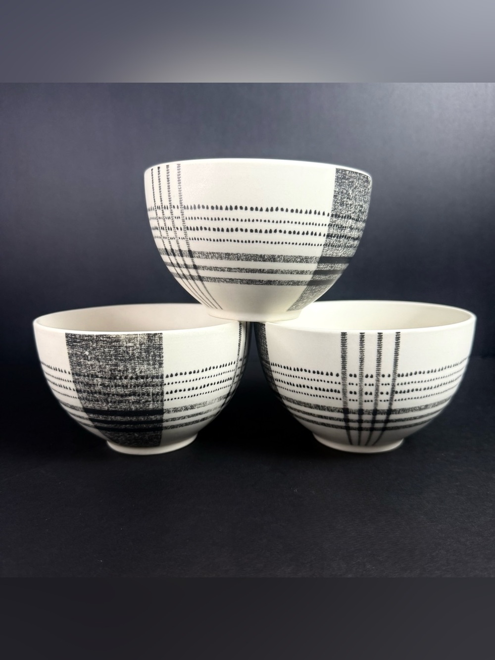 Set Of 3 Retired West Elm Black Original Plaid Cereal Bowls Stoneware